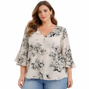 Calvin Klein Tunic Blouse Womens XL Beige Floral V Neck 3/4 Bell Sleeve Top